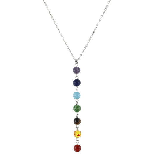 7 Chakra Beads Yoga Reiki Rainbow Round Natural Stone Long Drop  pendants Necklace